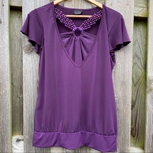 Retro JKLA purple Crochet beaded Ring necklace blouse short sleeve top L…